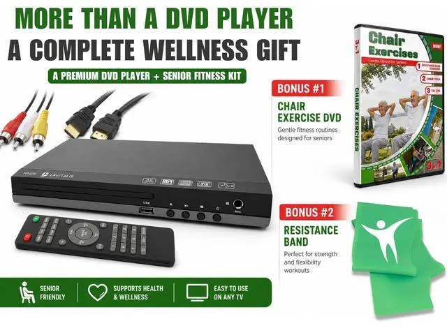 Alt view image 2 of 6 - DVD Player for TV with HDMI Port 1080P, Region Free DVD Player with USB Input, Remote Control, HDMI & RCA Cables Included, Includes Bonus Chair Exercise DVD & Resistance Band