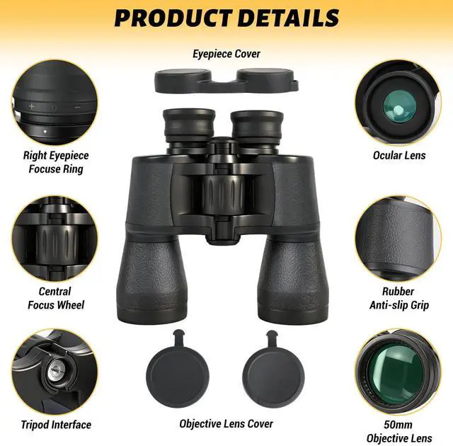 Alt view image 2 of 6 - Binoculars for Adults,10x50 High Powered Binoculars for Bird Watching | Compact Binoculars with Carrying Bag & Strap Waterproof Low Light Vision for Hunting Camping Travel Cruise Hiking Sports