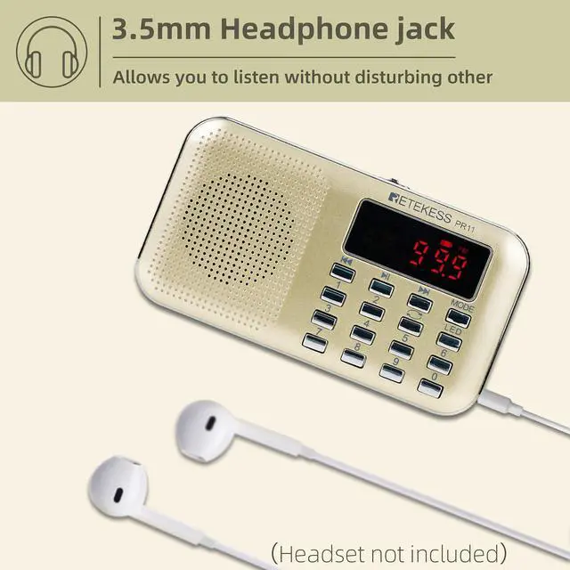 Alt view image 2 of 6 - PR11 AM FM Radio Portable, Rechargeable Transistor Radios(Gold) | for Outdoor, Rechargeable Battery, Headphone Jack, MP3 Player, Micro SD Card