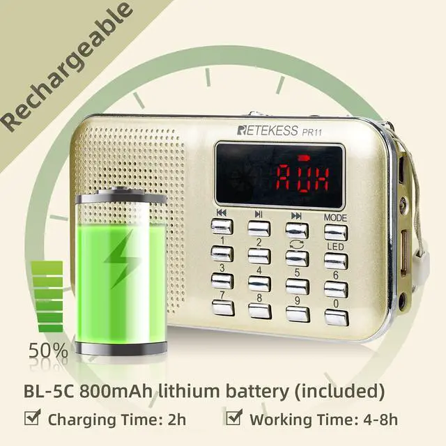 Alt view image 3 of 6 - PR11 AM FM Radio Portable, Rechargeable Transistor Radios(Gold) | for Outdoor, Rechargeable Battery, Headphone Jack, MP3 Player, Micro SD Card