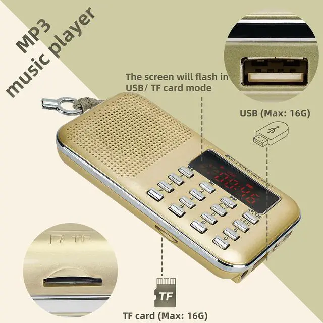 Alt view image 5 of 6 - PR11 AM FM Radio Portable, Rechargeable Transistor Radios(Gold) | for Outdoor, Rechargeable Battery, Headphone Jack, MP3 Player, Micro SD Card