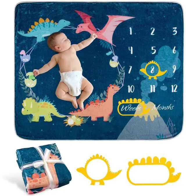 Main image of Baby Monthly Milestone Blanket Dinosaur Theme Newborn Growth Photography Photo Prop Blanket Flannel Nap Mat Backdrop with 2 Frames for Girl Boy Shower Gift, 50 x 40 in