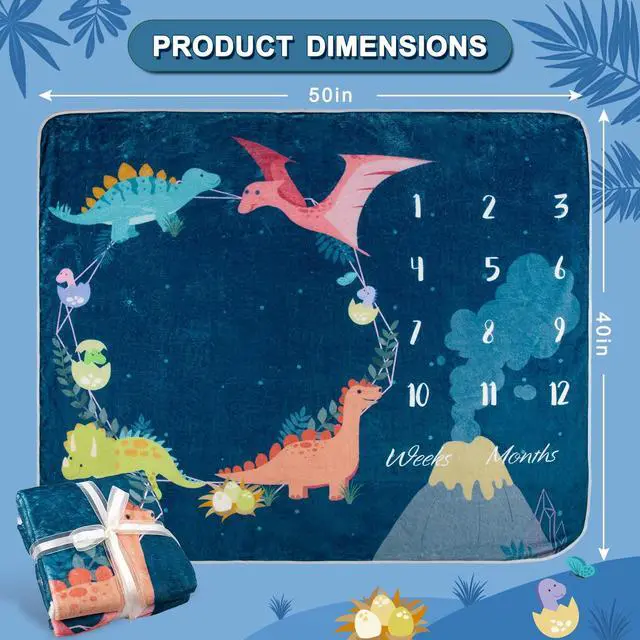 Alt view image 2 of 6 - Baby Monthly Milestone Blanket Dinosaur Theme Newborn Growth Photography Photo Prop Blanket Flannel Nap Mat Backdrop with 2 Frames for Girl Boy Shower Gift, 50 x 40 in