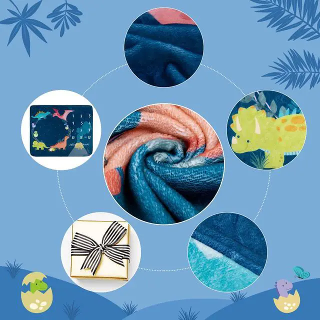 Alt view image 3 of 6 - Baby Monthly Milestone Blanket Dinosaur Theme Newborn Growth Photography Photo Prop Blanket Flannel Nap Mat Backdrop with 2 Frames for Girl Boy Shower Gift, 50 x 40 in
