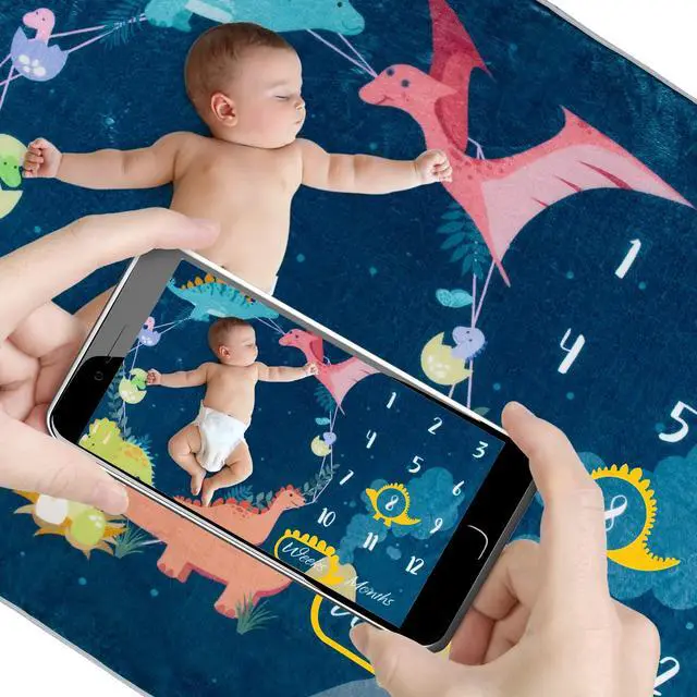 Alt view image 4 of 6 - Baby Monthly Milestone Blanket Dinosaur Theme Newborn Growth Photography Photo Prop Blanket Flannel Nap Mat Backdrop with 2 Frames for Girl Boy Shower Gift, 50 x 40 in