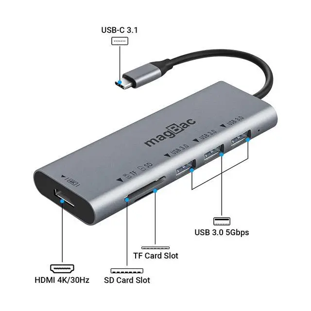 Alt view image 3 of 5 - MagBac USB C Docking Station 6-in-1 USB Hub Multiple Adapter with 4K HDMI Display Port, 3 USB A Data Ports, SD/TF Card Slot for HP, Dell, MacBook Pro, Lenovo