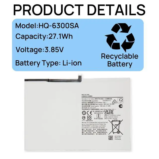 Alt view image 3 of 6 - HQ-6300SA HQ-6300SD Tablet Battery Compatible with Samsung Galaxy Tab A8 10.5 2021 2022 SM-X200NZAAEUA SM-X200 SM-X205 SM-X200N SM-X205N SM-X205NZAAEUE Series 3.85V 7040mA 27.1Wh
