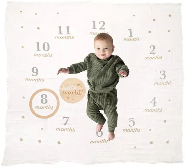 Main image of Hello World Baby Milestone Blanket and Photo Prop | Baby Monthly Milestone Updates, Growth Blanket with Photo Posing Props, Perfect Newborn Gift and Nursery Décor, 44" x 44"