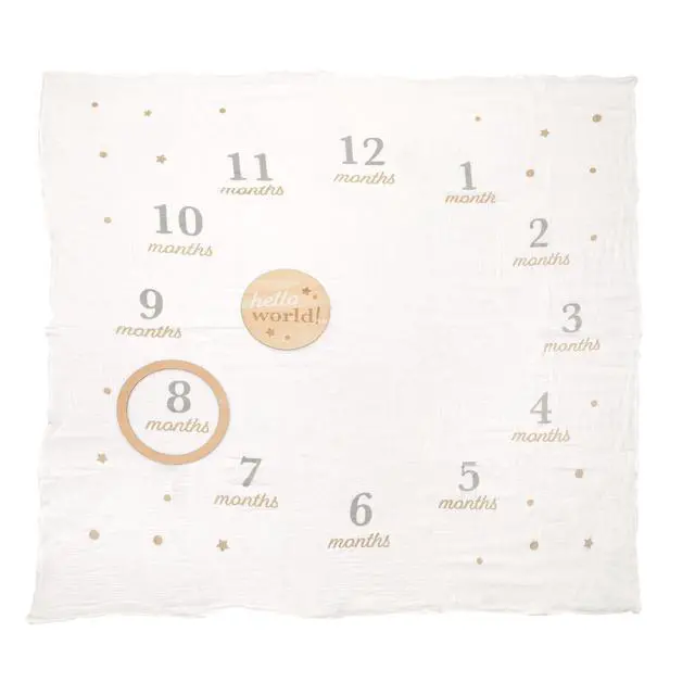Alt view image 3 of 5 - Hello World Baby Milestone Blanket and Photo Prop | Baby Monthly Milestone Updates, Growth Blanket with Photo Posing Props, Perfect Newborn Gift and Nursery Décor, 44" x 44"