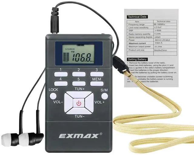 Main image of E108 Wireless Stereo FM Radio Receiver - Portable Pocket Mini With Earbuds, LCD Clock for Translator Tour Guide System, Jogging, Running, Walking, Yardwork - Gray