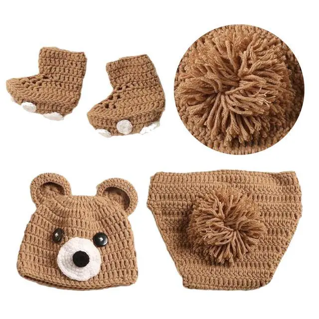 Alt view image 2 of 6 - 3Pcs Bear Newborns Photography Costume Soft and Warm Knitting Outfit with Matching for Baby Photo Shoots