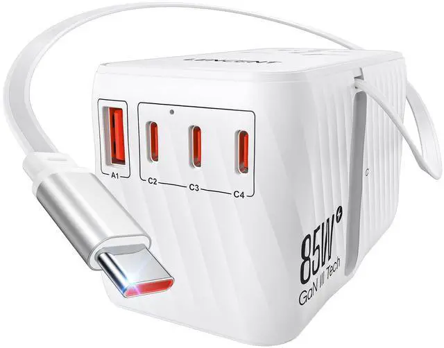 Main image of 85W Universal Travel Adapter with Retractable USB C Cable, GaN | International Plug Adapter with 3 Type C&1 USB A Ports Fast Charging, Worldwide Outlet Converter for US to European EU UK AUS
