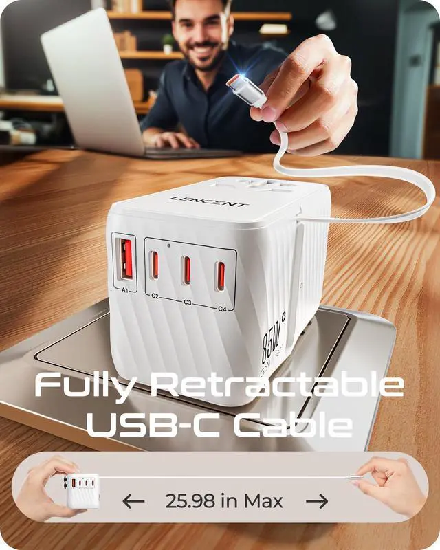 Alt view image 2 of 6 - 85W Universal Travel Adapter with Retractable USB C Cable, GaN | International Plug Adapter with 3 Type C&1 USB A Ports Fast Charging, Worldwide Outlet Converter for US to European EU UK AUS