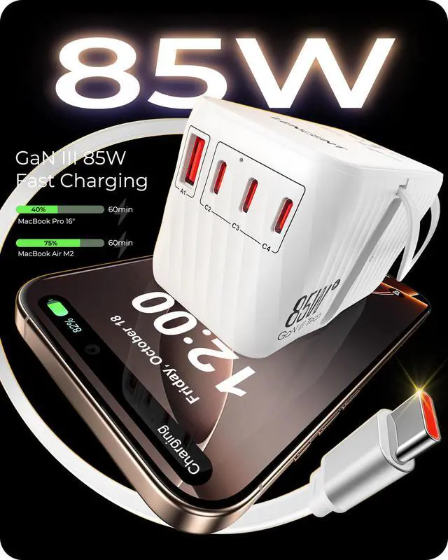 Alt view image 3 of 6 - 85W Universal Travel Adapter with Retractable USB C Cable, GaN | International Plug Adapter with 3 Type C&1 USB A Ports Fast Charging, Worldwide Outlet Converter for US to European EU UK AUS