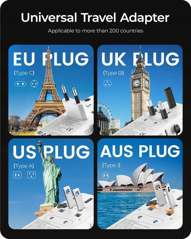 Alt view image 4 of 6 - 85W Universal Travel Adapter with Retractable USB C Cable, GaN | International Plug Adapter with 3 Type C&1 USB A Ports Fast Charging, Worldwide Outlet Converter for US to European EU UK AUS