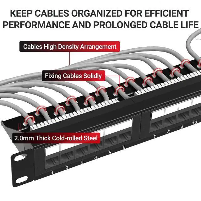 Alt view image 4 of 6 - Premium Series CAT6 24 Ports Patch Panel, Rack Mount - 1U, 19 inch, RJ45 Ethernet 568A 568B, 15u Gold Plated, with Rear Cable Support Bar