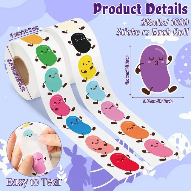 Alt view image 2 of 6 - Easter Cute Jelly Beans Roll Stickers - 1000Pcs in 16 Designs Funny Jelly Beans Candy Vinyl Stickers, Colorful Spring Waterproof Decals for Laptop Luggage Notebpook, Gift for Birthday Party