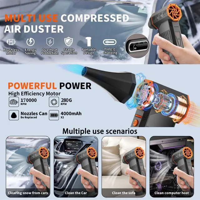 Alt view image 6 of 6 - 170000RPM Electric Air Duster Rechargeable Cordless Cleaner for Gaming Setup Keyboard PC Console Repair Tool with Multi Nozzles Compressed Air Alternative