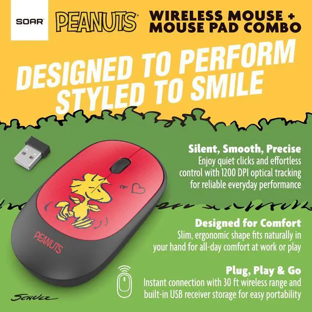 Alt view image 4 of 6 - Peanuts Mouse & Mouse Pad Combo Red- Snoopy and Woodstock Hug