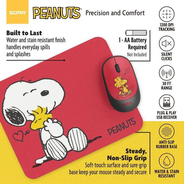 Alt view image 5 of 6 - Peanuts Mouse & Mouse Pad Combo Red- Snoopy and Woodstock Hug