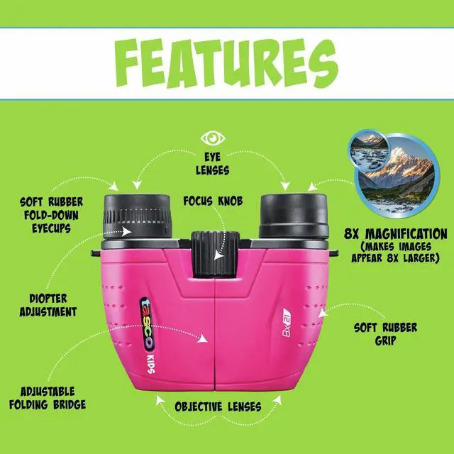 Alt view image 2 of 6 - Kids Binoculars 8x21, Compact Binoculars for Kids Ages 3-12, Great for Adventures, Hiking, Camping, Travel, Bird Watching