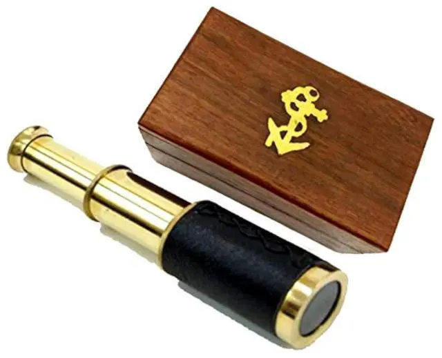 Main image of 6" Brass Handheld Telescope with Wooden Box - Pirate Navigation with Anchor Wooden Box Rustic Vintage Home Decor Gifts
