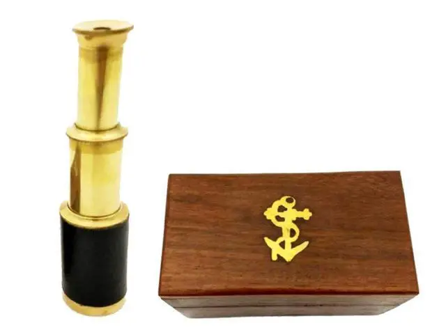 Alt view image 4 of 6 - 6" Brass Handheld Telescope with Wooden Box - Pirate Navigation with Anchor Wooden Box Rustic Vintage Home Decor Gifts
