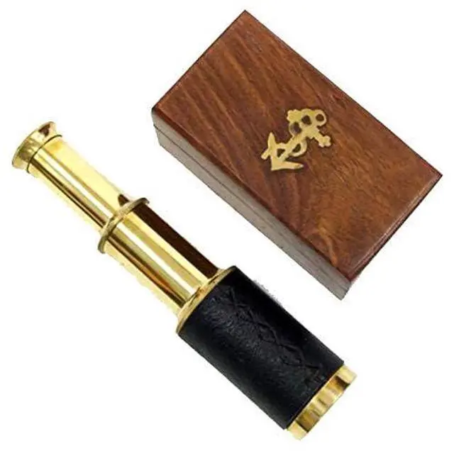 Alt view image 5 of 6 - 6" Brass Handheld Telescope with Wooden Box - Pirate Navigation with Anchor Wooden Box Rustic Vintage Home Decor Gifts