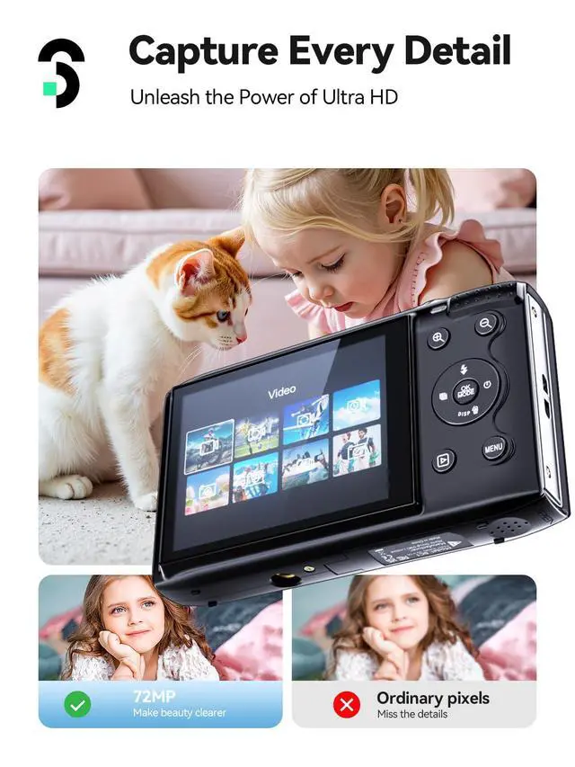 Alt view image 2 of 6 - Digital Camera - Max 72MP Point and Shoot Kids Cameras with 16X Zoom, 32G TF Card, 2 Batteries and Card Reader, Compact Digital Camera for Kids Teens Beginners (Black)