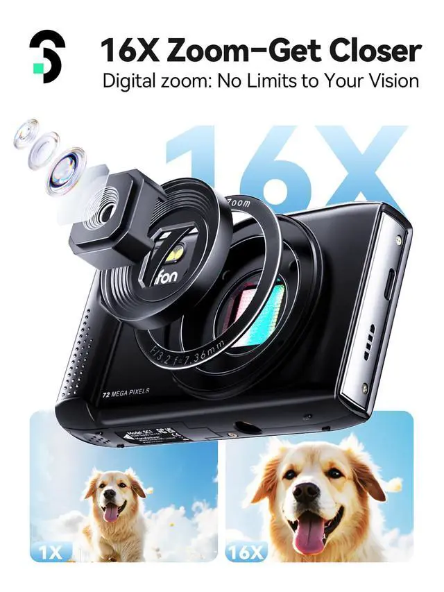 Alt view image 3 of 6 - Digital Camera - Max 72MP Point and Shoot Kids Cameras with 16X Zoom, 32G TF Card, 2 Batteries and Card Reader, Compact Digital Camera for Kids Teens Beginners (Black)