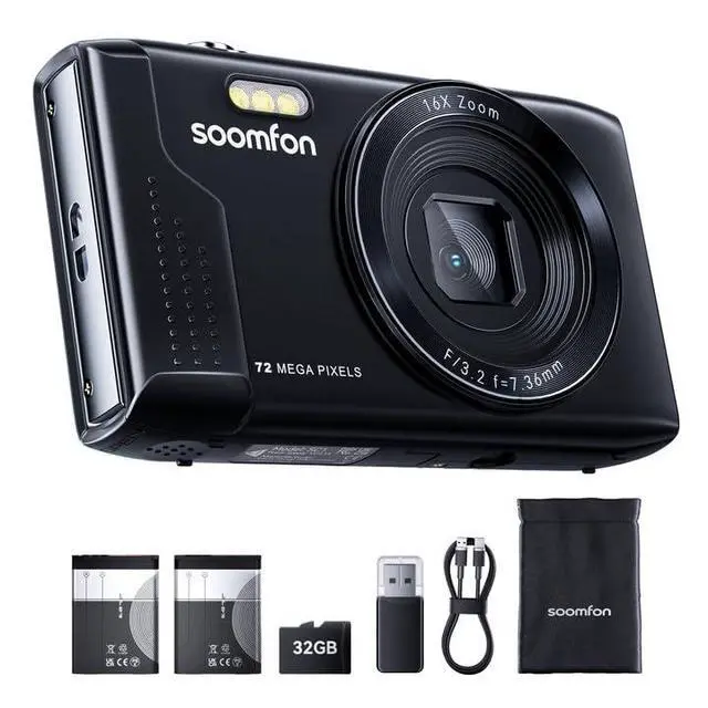 Alt view image 4 of 6 - Digital Camera - Max 72MP Point and Shoot Kids Cameras with 16X Zoom, 32G TF Card, 2 Batteries and Card Reader, Compact Digital Camera for Kids Teens Beginners (Black)