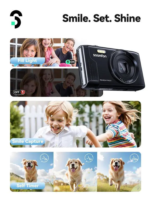 Alt view image 6 of 6 - Digital Camera - Max 72MP Point and Shoot Kids Cameras with 16X Zoom, 32G TF Card, 2 Batteries and Card Reader, Compact Digital Camera for Kids Teens Beginners (Black)
