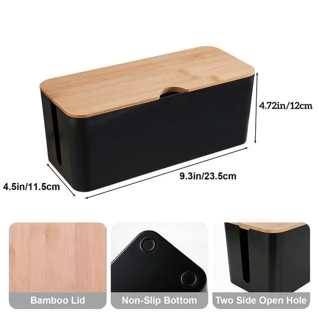 Alt view image 2 of 6 - Cable Management Box Wire Organizer for Power Strip Hiding | Bamboo Lid,Large Dual-side Opening Design,Kid & Pet Friendly,for Office,Desks, TV Areas,Floor Corners,Black