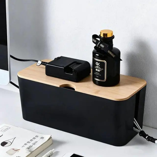 Alt view image 3 of 6 - Cable Management Box Wire Organizer for Power Strip Hiding | Bamboo Lid,Large Dual-side Opening Design,Kid & Pet Friendly,for Office,Desks, TV Areas,Floor Corners,Black