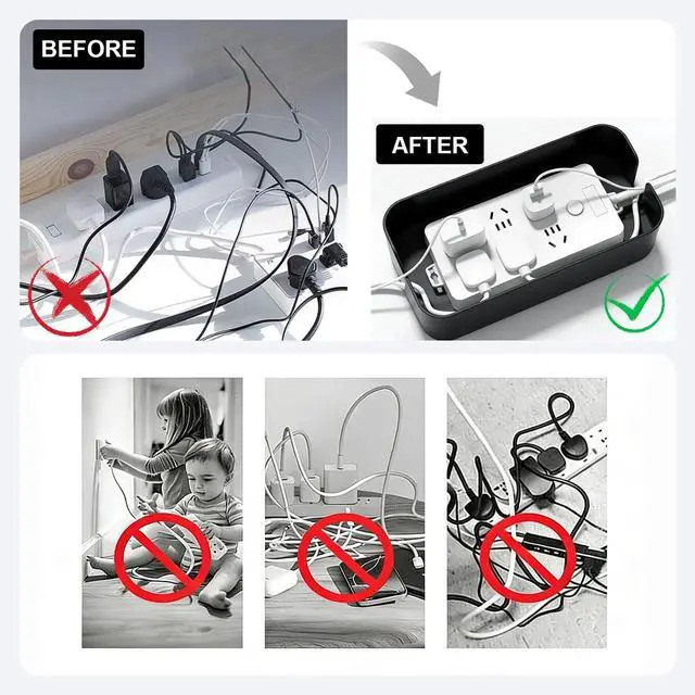 Alt view image 4 of 6 - Cable Management Box Wire Organizer for Power Strip Hiding | Bamboo Lid,Large Dual-side Opening Design,Kid & Pet Friendly,for Office,Desks, TV Areas,Floor Corners,Black
