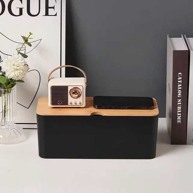 Alt view image 5 of 6 - Cable Management Box Wire Organizer for Power Strip Hiding | Bamboo Lid,Large Dual-side Opening Design,Kid & Pet Friendly,for Office,Desks, TV Areas,Floor Corners,Black