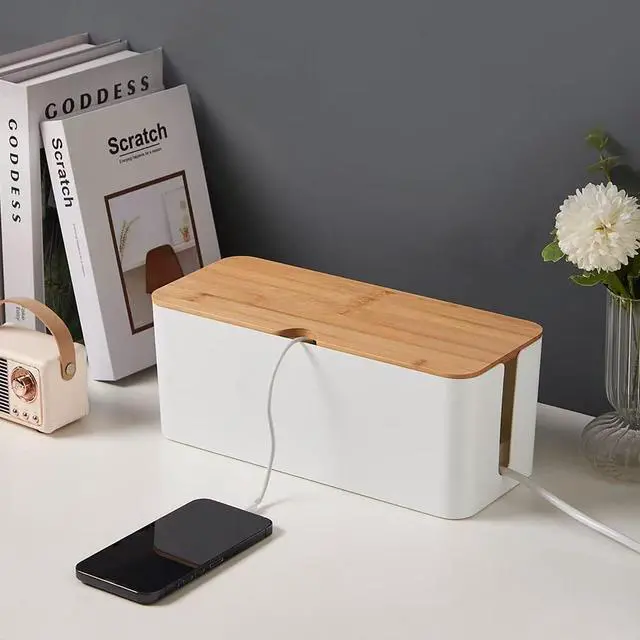 Alt view image 3 of 6 - Cable Management Box Wire Organizer for Power Strip Hiding | Bamboo Lid,Large Dual-side Opening Design,Kid & Pet Friendly,for Office,Desks, TV Areas,Floor Corners,White