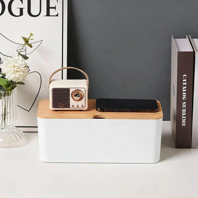 Alt view image 5 of 6 - Cable Management Box Wire Organizer for Power Strip Hiding | Bamboo Lid,Large Dual-side Opening Design,Kid & Pet Friendly,for Office,Desks, TV Areas,Floor Corners,White