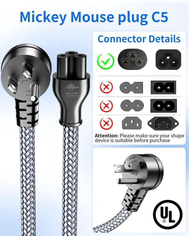 Alt view image 3 of 6 - 3 Prong Laptop Power Cord-6.6Ft Universal Power Cable 90°Angled,18AWG AC Power Cable for Dell HP LG Lenovo Asus Acer Toshiba Sony Laptops/Notebooks Monitors Printers Scanners NEMA 5-15P to C5