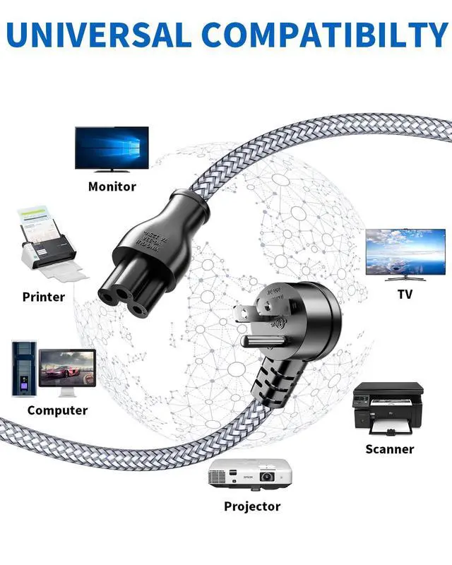 Alt view image 6 of 6 - 3 Prong Laptop Power Cord-6.6Ft Universal Power Cable 90°Angled,18AWG AC Power Cable for Dell HP LG Lenovo Asus Acer Toshiba Sony Laptops/Notebooks Monitors Printers Scanners NEMA 5-15P to C5
