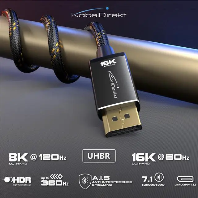 Alt view image 2 of 6 - 16K DisplayPort Cable 2.1 10ft DP80, Nylon | Maximum performance for tomorrow's games: The UHBR cable (DP80) following the DisplayPort 2.1 standard enables UHD