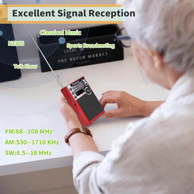 Alt view image 2 of 6 - Y-706 Pocket AM FM SW Radio,Battery Powered with Bluetooth Speaker,Red | Senior friendly easy-use radio for gifting.pair devices via Bluetooth,USB & TF playback outdoor & emergency use