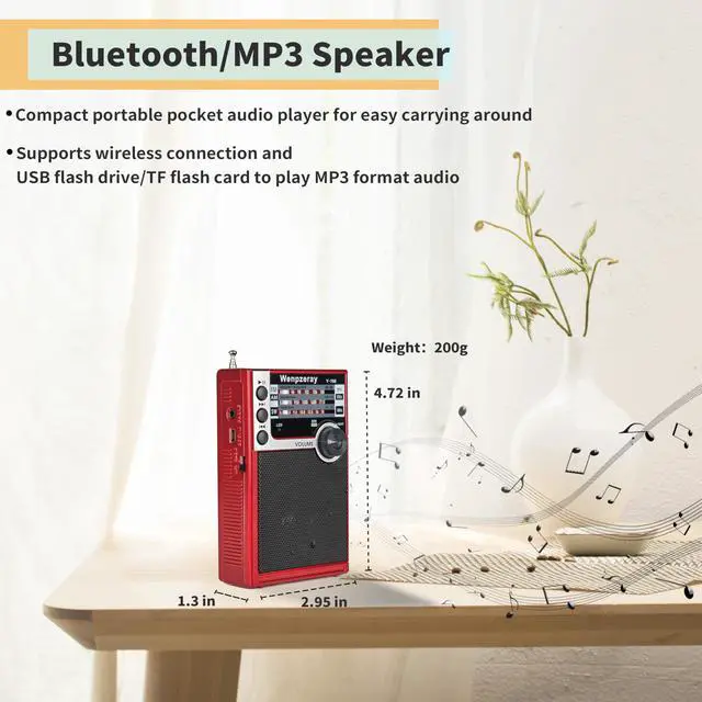 Alt view image 3 of 6 - Y-706 Pocket AM FM SW Radio,Battery Powered with Bluetooth Speaker,Red | Senior friendly easy-use radio for gifting.pair devices via Bluetooth,USB & TF playback outdoor & emergency use