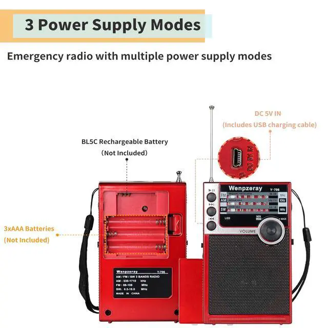 Alt view image 4 of 6 - Y-706 Pocket AM FM SW Radio,Battery Powered with Bluetooth Speaker,Red | Senior friendly easy-use radio for gifting.pair devices via Bluetooth,USB & TF playback outdoor & emergency use