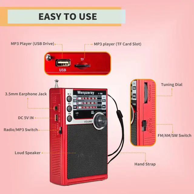 Alt view image 5 of 6 - Y-706 Pocket AM FM SW Radio,Battery Powered with Bluetooth Speaker,Red | Senior friendly easy-use radio for gifting.pair devices via Bluetooth,USB & TF playback outdoor & emergency use