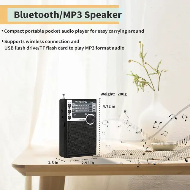 Alt view image 3 of 6 - Y-706 Pocket AM FM SW Radio,Battery Powered with Bluetooth Speaker,Black | Senior friendly easy-use radio for gifting.pair devices via Bluetooth,USB & TF playback outdoor & emergency use