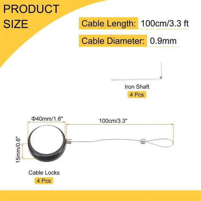 Alt view image 2 of 6 - 3.3ft Retractable Cable Lock with Latch Remote Control Security Locks with Adjustable Cord Tether Anti Theft for Laptop, TV, 150 G, Black, 4 Pack