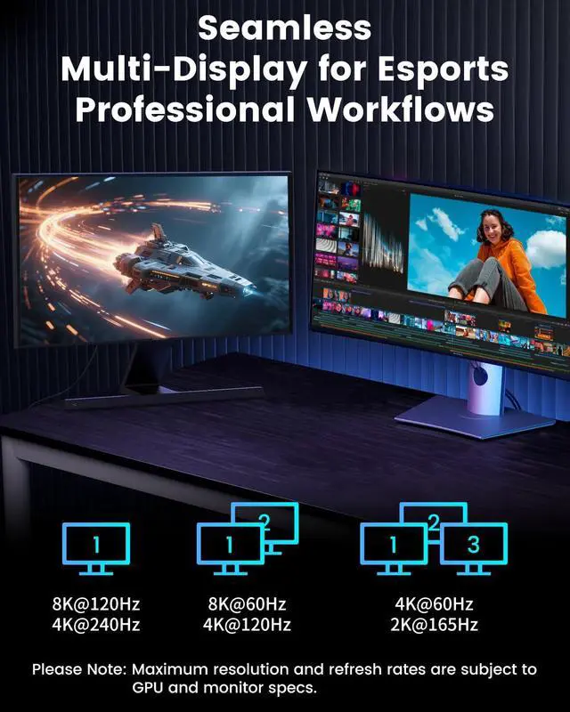 Alt view image 3 of 6 - 16K DisplayPort 2.1 Cable 40Gbps Display Port Cord 33FT/10M | DP 2.1 Cable Support HDR/HDCP/DSC 1.2a, FreeSync G-Sync for Gaming Monitor 5090 7900XTX