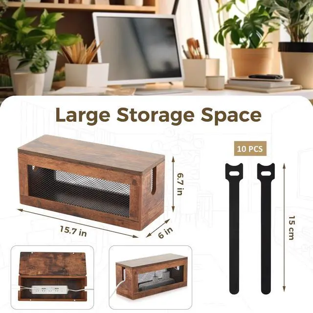 Alt view image 2 of 6 - Extra Large Cable Management Box, 16'' Wood Cord Box Organizer with Ventilation Nets & Organizer for Power Strip, TV Wires & Desk Cable Storage, Magnetic Lid Hide Floor Cables