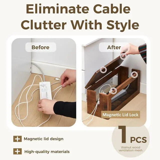 Alt view image 3 of 6 - Extra Large Cable Management Box, 16'' Wood Cord Box Organizer with Ventilation Nets & Organizer for Power Strip, TV Wires & Desk Cable Storage, Magnetic Lid Hide Floor Cables